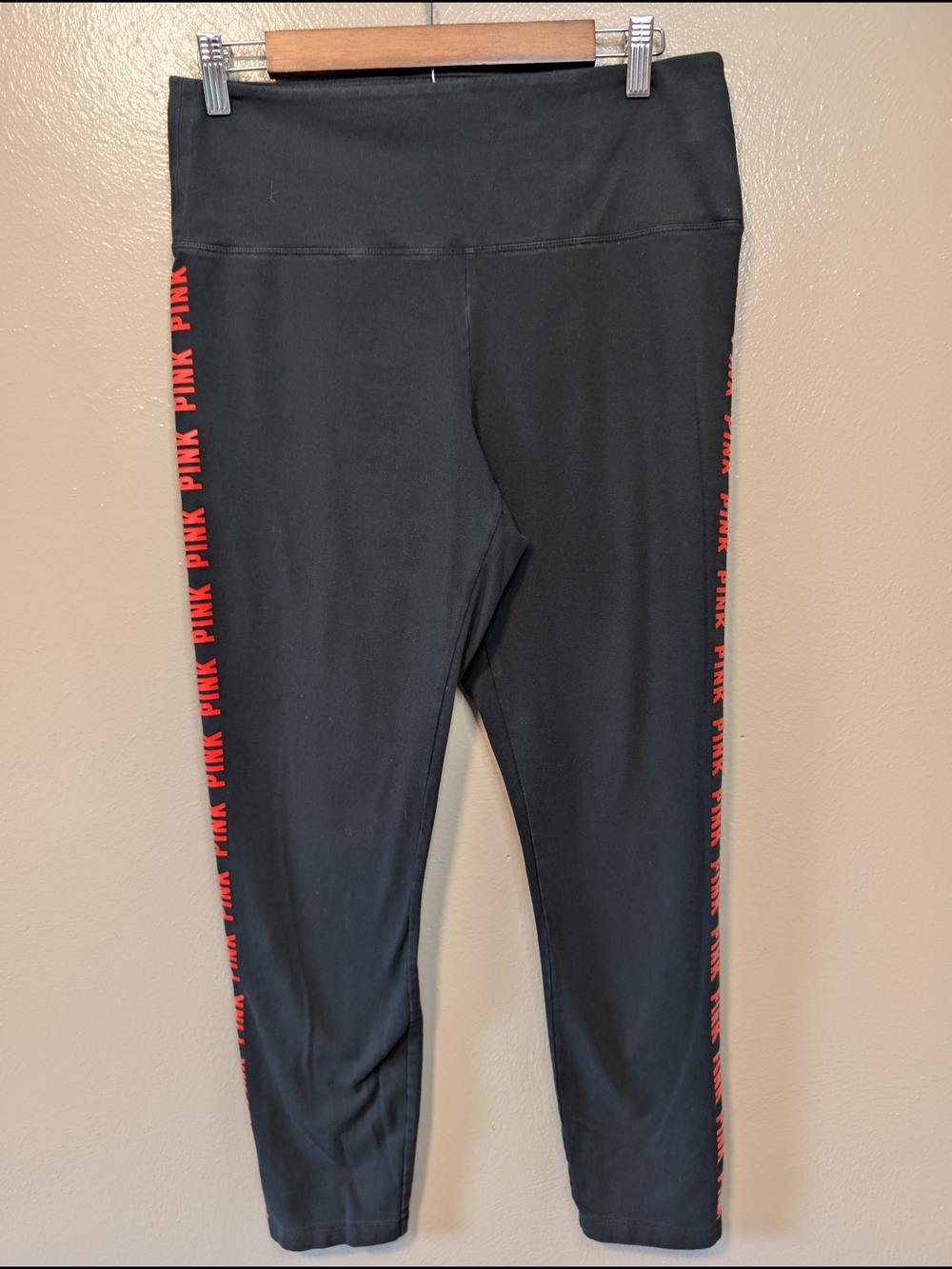 PINK Victoria's Secret Black Leggings with Orange Red Logo Band XL
